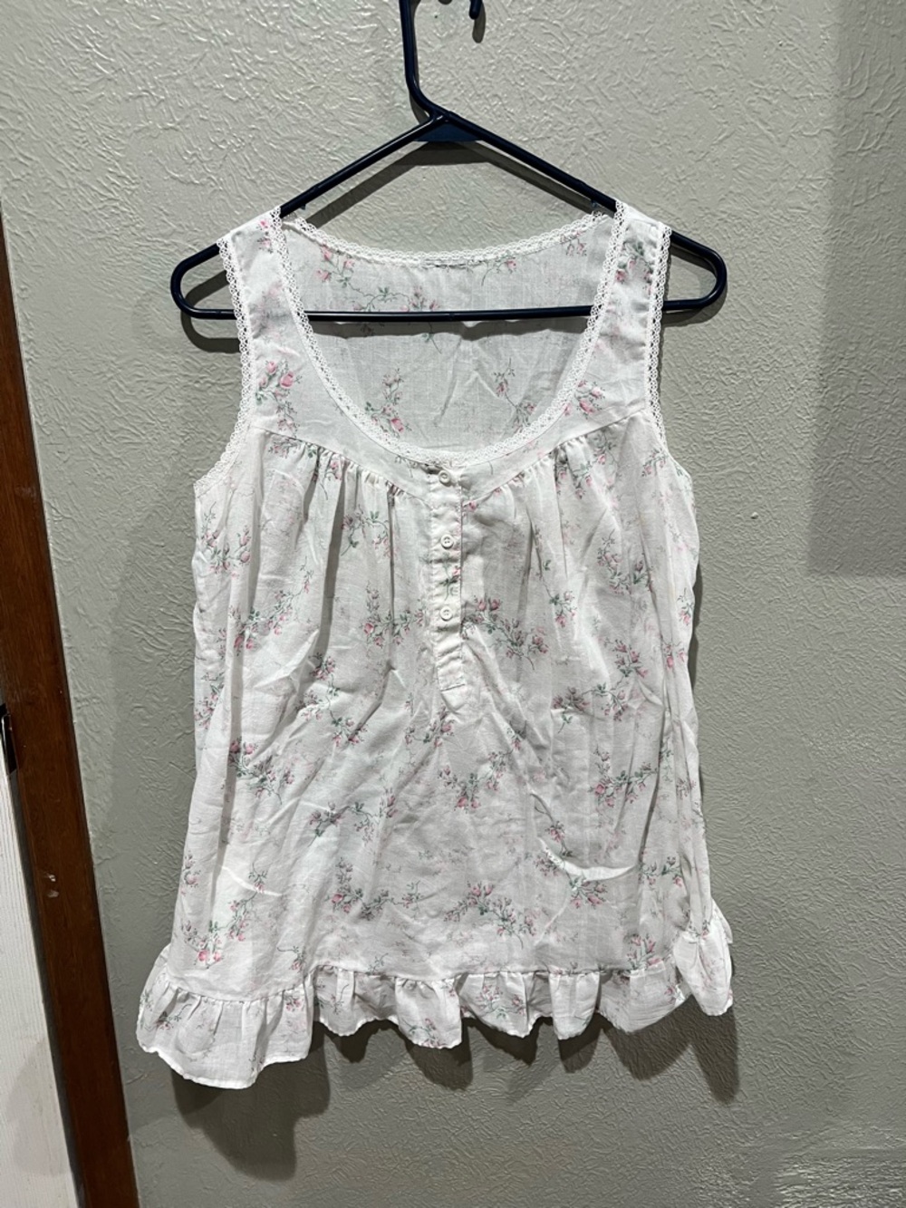 Sleeveless Floral Cotton Chemise Nightdress - White with Pink Floral Vintage - Picture 1 of 3